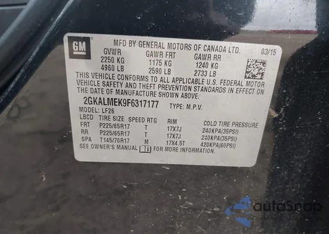 2015 GMC Terrain Sle-1 z USA, uszkodzony, nr VIN 2GKALMEK9F6317177